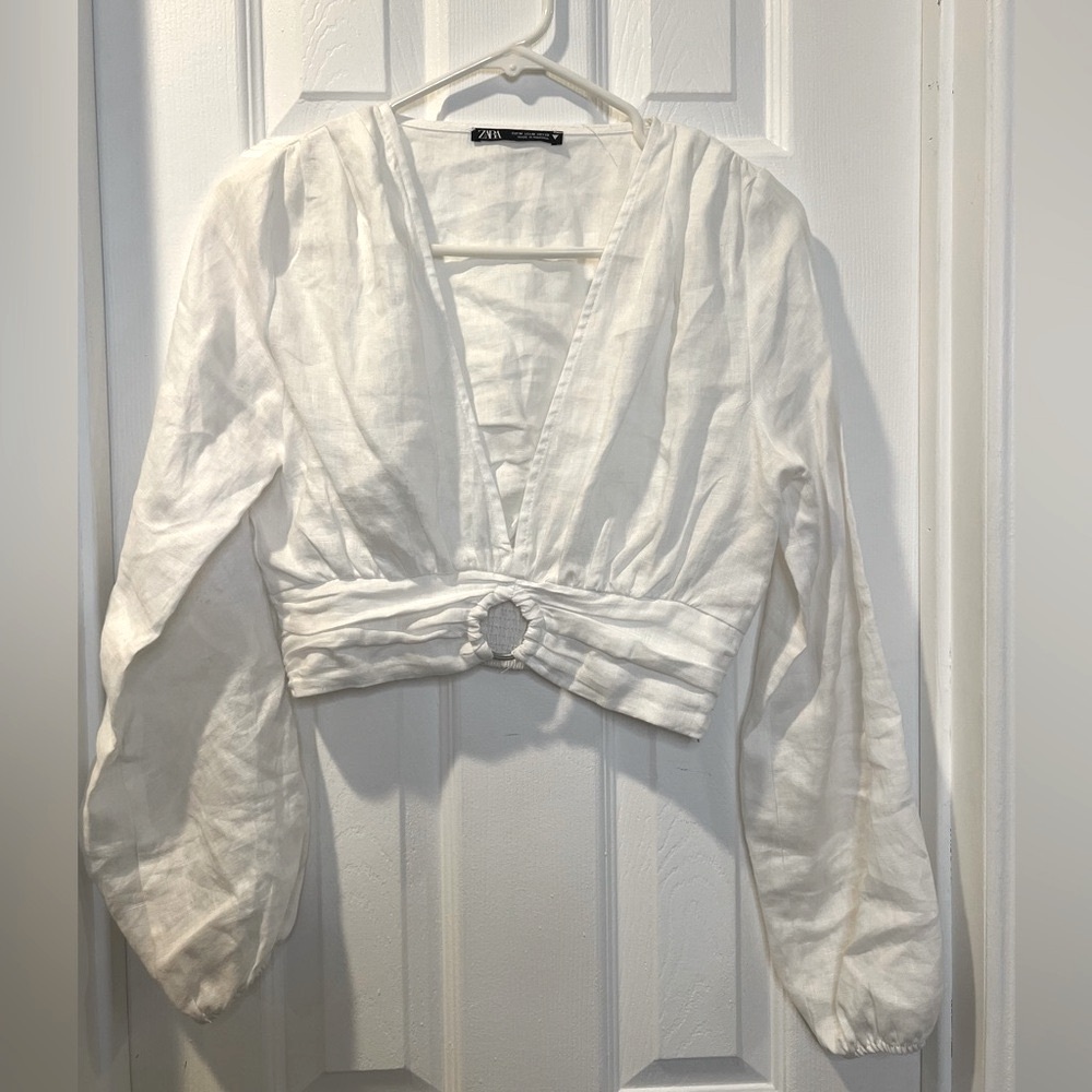 Zara White Linen Crop Blouse with Ring Detail